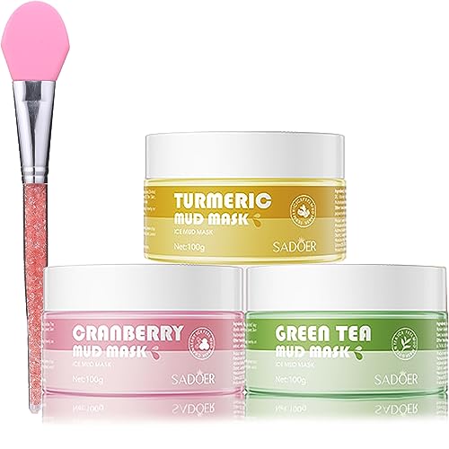 Meleell Face Masks Skincare, 3 Pcs Caly Mask Set For Blackheads And Pores,Turmeric, Green Tea,Cranberry Mud Mask, Reduce Dark Spots, Spa Gifts For Women,Facial Treatments & Masks(300g In Totall)