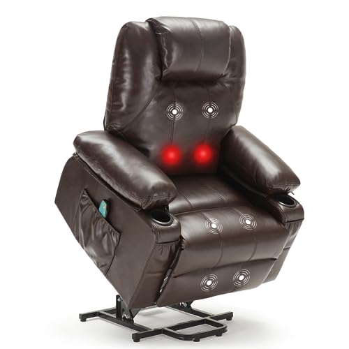 Weture Oversized Power Lift Recliner Chair with Heat and Massage, Leather Power Recliner Chair with USB Port and Cup Holders, Big Large Recliner Chair for Seniors (Leather, Brown)