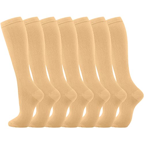 FAMOORE Stock Computer 7 Pairs For Women Men Circulation Knee High Sock Is Best Support For Athletic Thigh High (Beige,