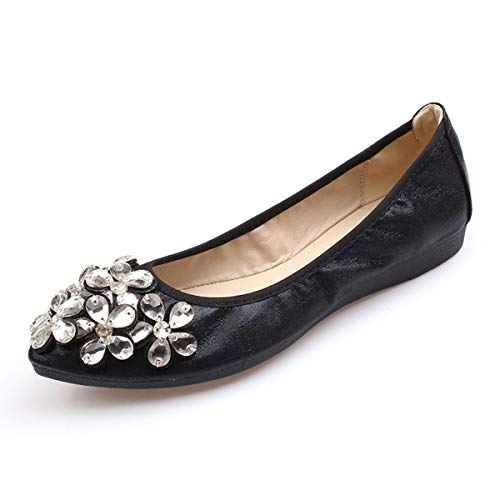 Lauthen.S Women Foldable Ballet Flats, Pointed Toe Wedding Rhinestone Slip on Flat Shoes(Black,7.5-8 US M)
