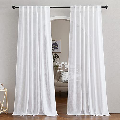 NICETOWN White Linen Sheer Curtains and Drapes 84 inches Long, Rod Pocket & Back Tab semitransparent with Light Through Vertical Window Treatments for Sliding Glass Door & Living Room, 52'W, Set of 2