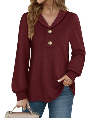 Messic Tunic Sweater for Women, Womens Long Sleeve Tunic Tops V Neck Tops Loose Fit Winter Fall Button Down Shirts for Women Trendy Ladies Tops and Blouses Polyester Knit Tops Red X-Large