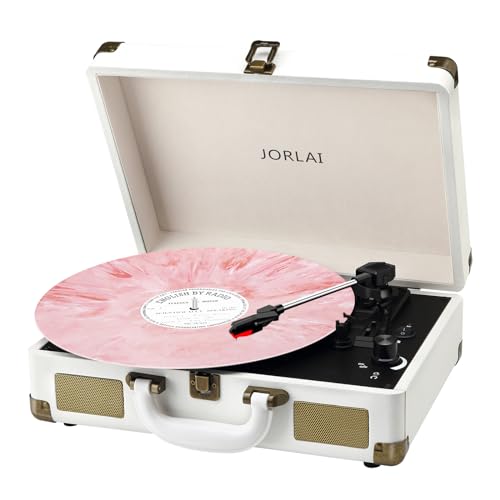 JORLAI Record Player 3 Speeds Turntable with Bluetooth Built-in Battery Stereo Speakers Vintage Record Player Belt Driven Portable Suitcase PC Recording White