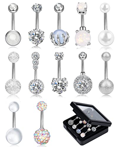 ONESING 12 Pcs 14G Belly Button Rings for Women CZ Opal Navel Rings Belly Barbells Stainless Steel Body Piercing Jewelry