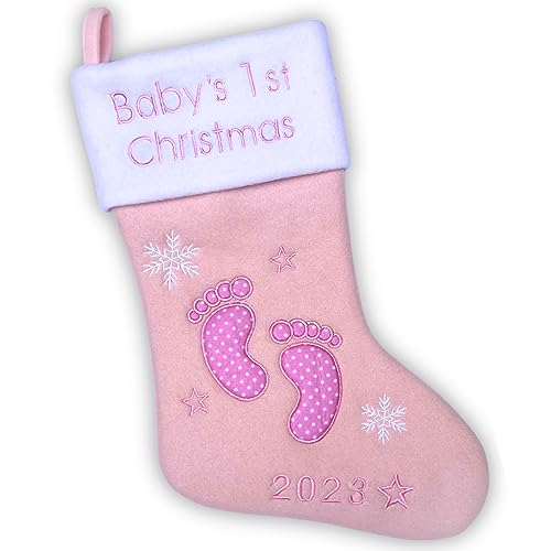 Heart's Sign Babys First Christmas Stocking 2023 Footsteps | My First Christmas Baby Boy and Baby Girl | Newborn Stockings Christmas Ornaments | Newborn Christmas Decor (Pink)