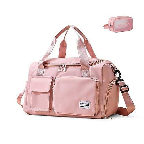 Pink Gym Bag for Women, Waterproof Travel Duffle Bag Carry On Weekender Bag with Shoe Compartment & Wet Pocket, Gym Tote Bag for Travel, Workout, Sport