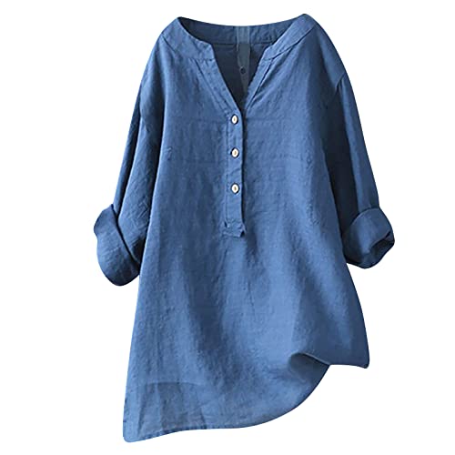 Ceboyel Women Cotton Linen Shirts Button Down Summer Blouse Roll-Up Sleeve Tops Tunic Trendy Boho Ladies Clothes 2023