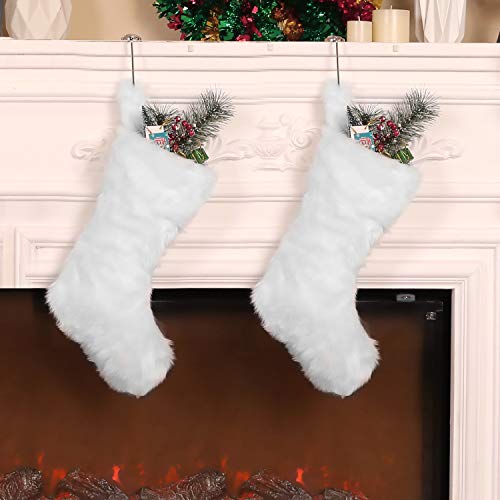 2 Pieces Christmas Stocking Faux Fur Stocking Snowflake Stocking Fireplace Hanging Stocking Christmas Stocking Gift Bags for Xmas Family Party Decoration (20 Inch, Faux Fur 1)