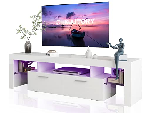 Clikuutory Modern LED 63 inch TV Stand with Large Storage Drawer for 40 50 55 60 65 70 75 Inch TVs, White Wood TV Console with High Glossy Entertainment Center for Gaming, Living Room, Bedroom