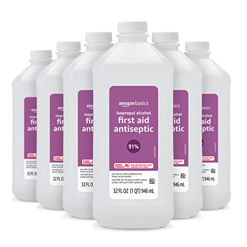 Amazon Basics 91% Isopropyl Alcohol First Aid Antiseptic Liquid, Unflavored, 32 Fl Oz (Pack of 6) (Previously Solimo)