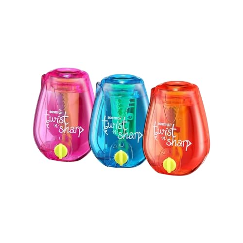 Bostitch Office Twist-N-Sharp Manual Pencil Sharpener, Easy Open Tray, Perfect for Kids, Works with Colored Pencils & Makeup Pencils, 3-Pack