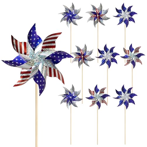 HOOSUN 4th of July Decorations Reflective Pinwheels,10 Pack Patriotic Decor Red White and Blue Windmills, Wind Spinners for Yard and Garden,Independence Day,Kids,Bird Scare Devices Outdoor