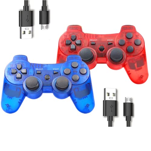 Rzzhgzq 2 Pack PS3 Wireless Controller Playstation 3 Controller Wireless Bluetooth Gamepad with USB Charger Cable for PS3 Console (Clear Blue+Clear Red)