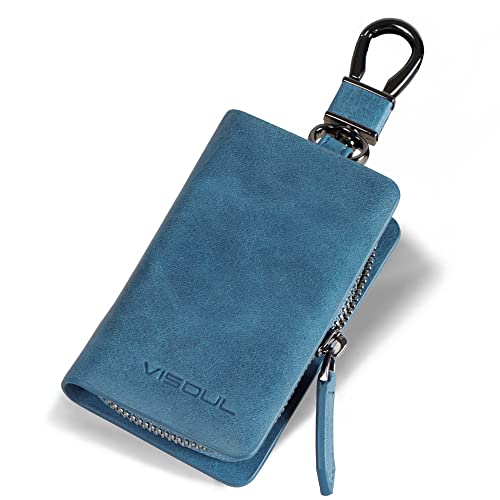 VISOUL Leather Car Key Fob Case Holder for Men and Women, Car Smart Keychain Protector Cover with Metal Hook and Keyring, Key Zipper Case for House Keys (D01-Blue)