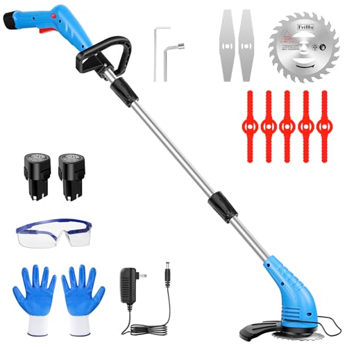 Cordless Weed Wacker, Weed Eater Battery Powered, Brush Cutter, Lawn Edger with 12V 2000mah Rechargeable Battery and 3 Types of Blades, Grass Trimmer Tools for The Garden and Yard