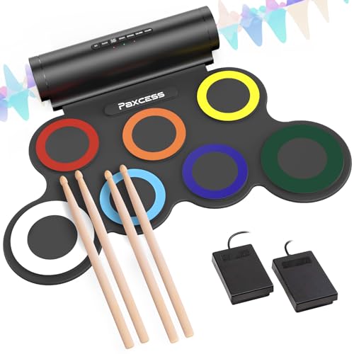 7 Pads Electronic Drum Set, Roll-Up Drum Practice Pad Drum Kit with Headphone Jack Built-in Speaker Drum Pedals Drum Sticks 10 Hours Playtime, Great Holiday Birthday Gift for Kids (4 * Drum Sticks)