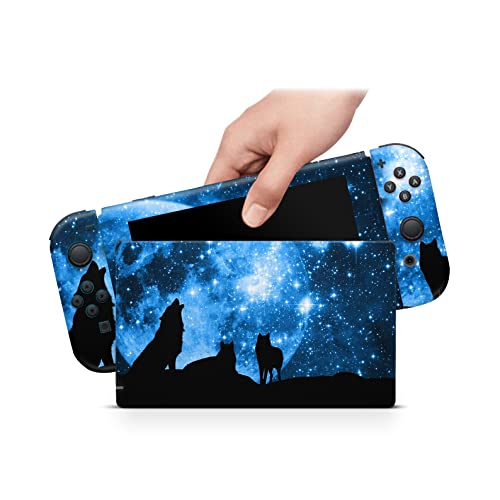 ZOOMHITSKINS Compatible with Nintendo Switch Skin Cover Blue Sky Moon Wolf Pack Black Animals White Stars Planets Solar Pets 3M Vinyl Decal Sticker Wrap, Made in The USA