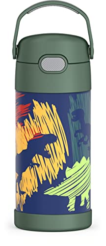 THERMOS FUNTAINER 12 Ounce Stainless Steel Vacuum Insulated Kids Straw Bottle, Dinosaurs