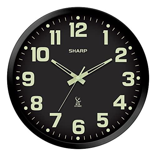 SHARP Glow in The Dark Atomic Analog Wall Clock - 12' Clock with Black Frame - Sets Automatically - Battery Operated - Easy to Read - Easy to Use – See Day or Night!