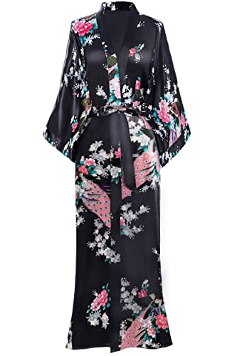 BABEYOND Women's Kimono Robe Long Robes with Peacock and Blossoms Printed Kimono Nightgown