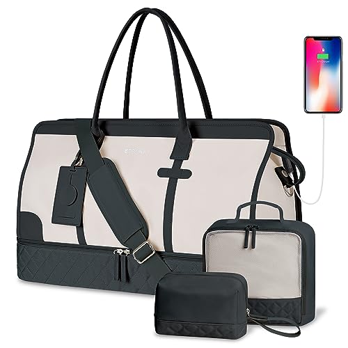ETRONIK Weekender Overnight Bag for Women, Large Travel Duffle Bag with Shoe Compartment & Wet Pocket, Carry On Tote Bag Gym Duffel Bag with Toiletry Bag, Bag for Hospital 4 Pcs Set, Dark Grey-Beige