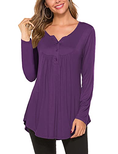 Halife Women's Henley V Neck Long Sleeve Shirts Pleated Business Casual Blouses Dressy Loose Tunic Tops Purple M