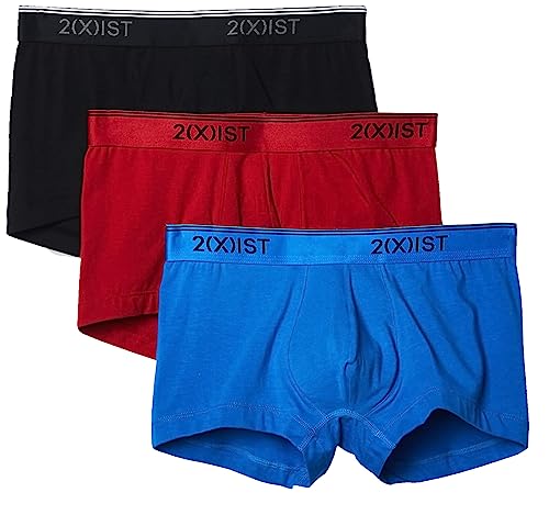 2(X)IST Men's Cotton Stretch No Show Trunk 3-Pack, Scotts Red/Black/Skydiver, Large