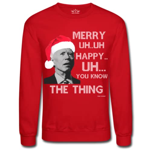 Pesky Patriot Funny Joe Biden Merry UH UH Ugly Christmas Sweater | Hilarious Mumbling Biden Tacky Xmas Pullover Sweatshirt for Men or Women (Medium) Black