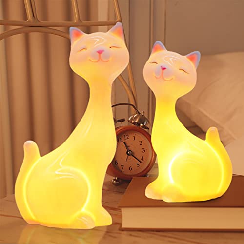 tioili 2 PCS White Ceramic Cat Figurines with LED Light, Cute Kitten Statue Home Decor, Cat Decor for Cat Lovers, Desktop Decorations for Cat Lovers, Birthday Gifts