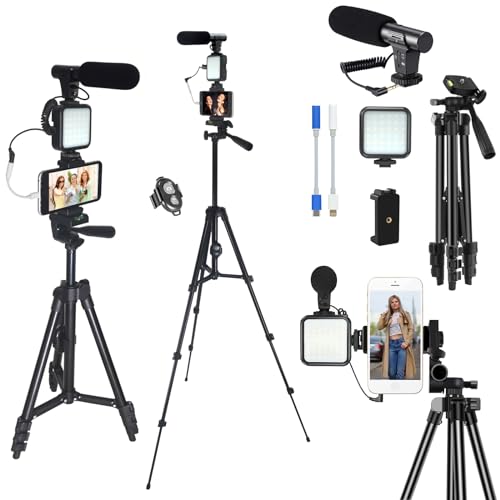 Vlogging Kit for iPhone,Content Creator Kit Smartphone Vlogging Kit,YouTube Starter Kit,Cell Phone Tripod Stand Vlogger Kit with LED Light/Microphone/Adapter Cables