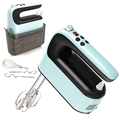 Yomelo 9-Speed Digital Hand Mixer Electric, 400W DC Motor, Baking Mixer Handheld with Snap-On Storage Case, Touch Button, Turbo Boost, 5 Stainless Steel Accessories, Flat Beaters, Dough Hooks, Whisk (Ice Blue)