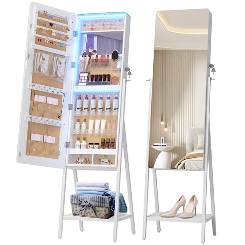 LVSOMT LED Jewelry Mirror Cabinet Armoire, Free Standing Full-Length Mirror with Jewelry Storage, Lockable Jewelry Storage Organizer, w/ 2 Drawers, Bottom Shelf, Built-in Lighted Makeup Mirror, White