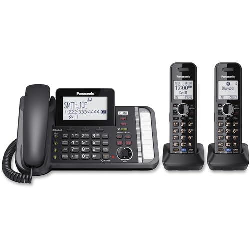 Panasonic 2-Line Corded/Cordless Phone System with 2 Handsets - Answering Machine, Link2Cell, 3-Way Conference, Call Block, Long Range DECT 6.0, Bluetooth - KX-TG9582B (Black)