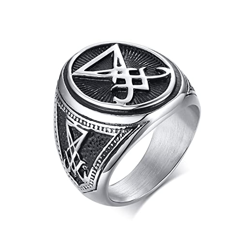 Satanic Symbol Jewelry Sigil of Lucifer Signet Ring for Men,Stainless Steel Seal of Satan Amulet Ring,Pinky Ring for Husband,Size 8