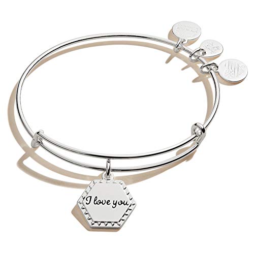 Alex and Ani Because I Love You Expandable Wire Bangle Bracelet for Women, I Love You Charm, Shiny Antique Silver Finish, 2 to 3.5 in
