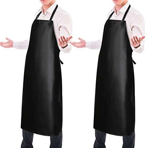 2 Pack Waterproof Rubber Vinyl Apron 40' Aprons for Men Heavy Duty Chemical Resistant Work Apron Extra Long Grilling Aprons with Adjustable Bib Apron for Dishwashing Lab Butcher Cooking Kitchen Black