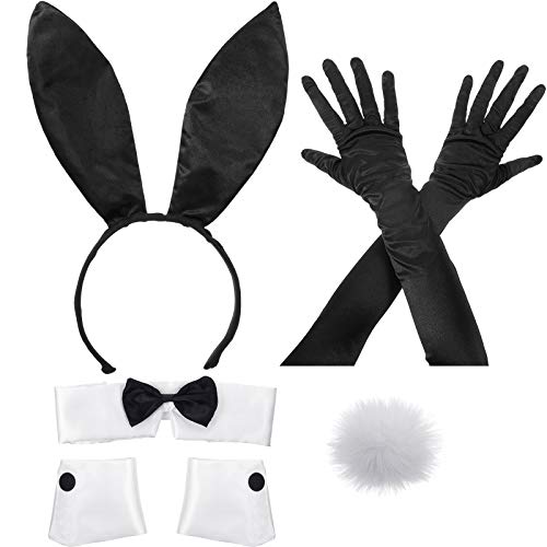 Zhanmai Bunny Costume Set Including Bunny Ear Headband,Cuffs and Bunny Tail Accessory for Halloween Cosplay Party (Black, White)