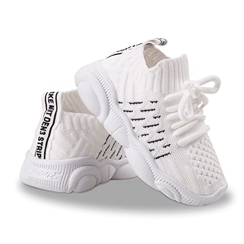 Baby Walking Shoes First Walker Toddler Infant Little Girls Boys Slip-On Wide Chubby Feet Summer Non-Slip Soft Rubber Sole Cute Crib Knit Socks Sneakers Size 5 for 12-18 Months Crawling (White, 5#21)