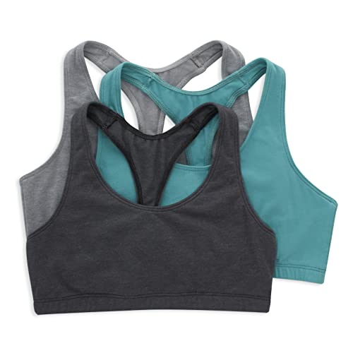 Hanes Women's Racerback Bralette Pack, Stretch Knit Low-Impact, Moisture-Wicking Cotton T-Back Bra Top, 3-Pack, Concrete Heather/Isle Green/Moonlite