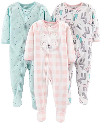 Simple Joys by Carter's Baby Girls' Loose-Fit Flame Resistant Fleece Footed Pajamas, Pack of 3, Off-White Deer/Pink Llama/Turquoise Green Snowflake, 18 Months