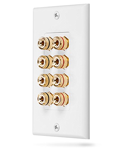 Fosmon (Quad Speaker Home Theater Wall Plate - Premium Quality Gold Plated Copper Banana Binding Post Coupler Type Audio Wall Plate for 4 Speakers (White)