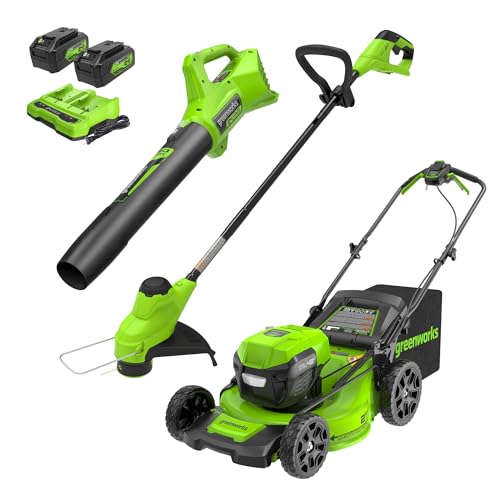 Greenworks 2 x 24V 21' Brushless Cordless (Self-Propelled) Lawn Mower + Blower (320 CFM) + 12' String Trimmer, (2) 5.0Ah Batteries and Charger Included (125+ Compatible Tools)