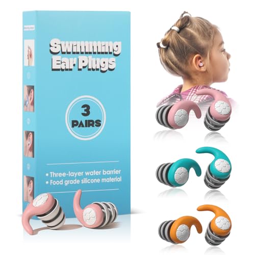 Swimming Ear Plugs for Kids,3 Pairs Waterproof Silicone Swim Earplugs for Swimming Surfing Diving Showering for 4-12 Years Olds Children and Small Ear Teens (Light Pink,Cyan,Orange)