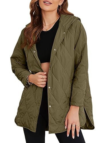EVALESS Winter Coats for Women Diamond Quilted Jackets Green Long Sleeve Button Down Puffer Jacket Warm Winter Outfits Business Casual Clothes for Women Fashion 2023 Down Jacket with Pockets, X-Large