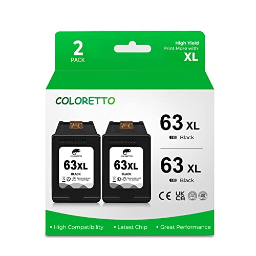 COLORETTO Remanufactured Printer Ink Cartridge Replacement for HP 63XL to use with Envy 4520 4516 Officejet 5255 5258 DeskJet 1112 3632 3639 1112 2130 3632 3633 3634 (2 Black) Combo Pack