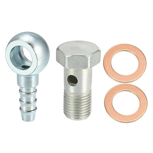 ACROPIX 10mm ID 7.5 mm OD M10x1.0 Banjo Hose Barb Bolt Fittings Universal Banjo Fitting Fuel Line with Copper Washers for Motorcycle Silver Tone - Pack of 4