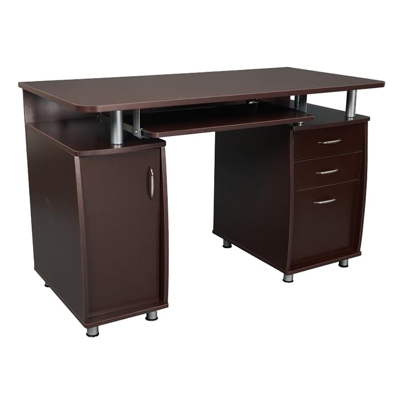 Pemberly Row 48' Wide Home Office Computer Desk in Gray with CPU Storage Cabinet and Hanging File Cabinet, Brown