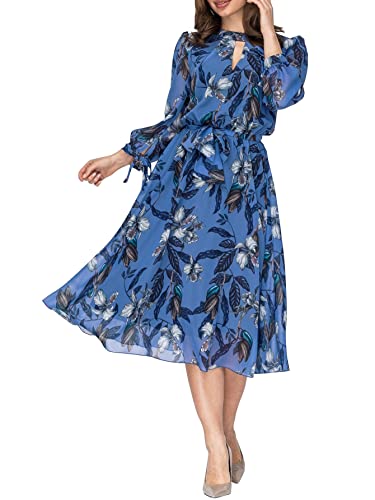 Aberyamee Women's O-Neck Elastic Waist Floral Flared Midi Dresses Bohemian Chiffon Casual Dress with Belt(MNL1215BL0S) Blue