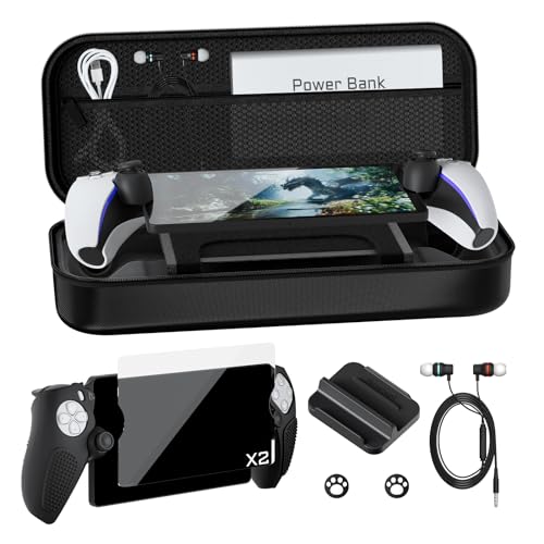 Hosanwell 9-in-1 Accessories Set Compatible with Playstation Portal, EVA Carrying Case for PS Portal*1, Soft Silicone Grip Cover*2, Screen Protector*2, Joystick Caps*2, Ear Wired Headphone*1,Stand*1