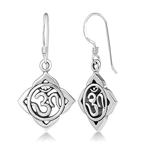 Chuvora 925 Sterling Silver Aum Om Ohm Lotus Leaf Symbol Chakra Yoga Dangle Hook Earrings, 33 mm
